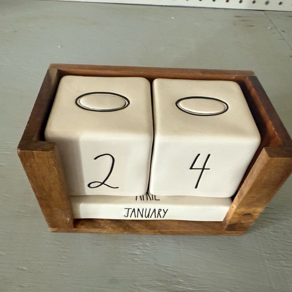 Rae Dunn Wooden Perpetual Calendar with White Ceramic Blocks - Picture 2 of 3